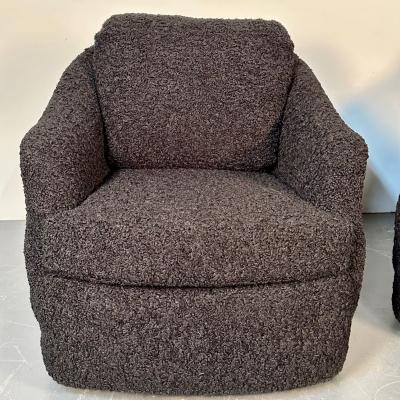 Milo Baughman Mid Century Modern Black Boucle Tub Swivel Lounge Chair Faux Fur