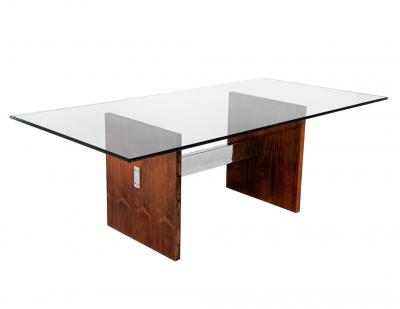 Milo Baughman Mid Century Modern Walnut Glass Top Dining Table 1970 s Milo Baughman Style