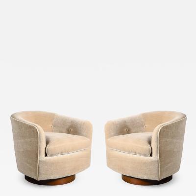 Milo Baughman Mid Century Swivel Club Chairs in Taupe Mohair W Walnut Bases by Milo Baughman