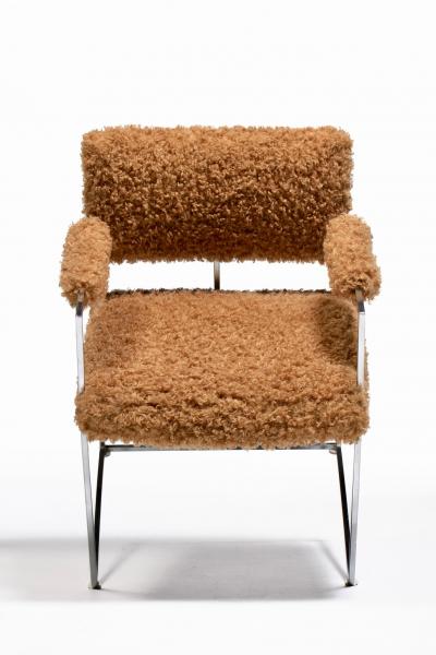 Milo Baughman Milo Baughman 1970s Set of 8 Chrome Dining Arm Chairs in New Camel Teddy Fabric