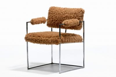 Milo Baughman Milo Baughman 1970s Set of 8 Chrome Dining Arm Chairs in New Camel Teddy Fabric