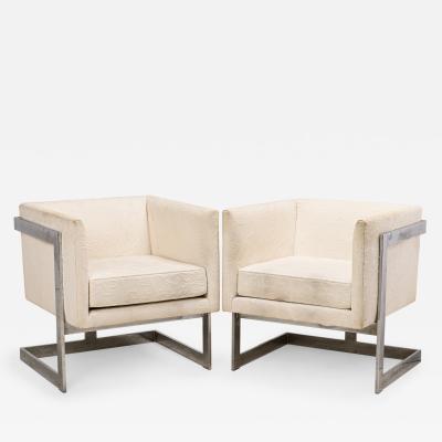 Milo Baughman Milo Baughman American Floating Cube Chrome and Beige Upholstery Armchairs