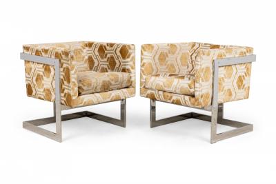 Milo Baughman Milo Baughman American Geometric Gold and White Cube Form Lounge Armchairs