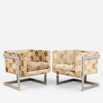 Milo Baughman Milo Baughman American Geometric Gold and White Cube Form Lounge Armchairs