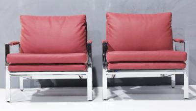 Milo Baughman Milo Baughman Chrome Frame Lounge Chairs in Dusty Rose Faux Suede Leather