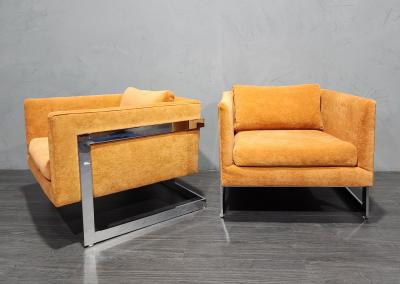 Milo Baughman Milo Baughman Large T Back Lounge Chairs in Orange Microfiber