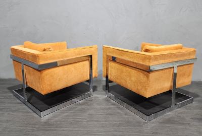 Milo Baughman Milo Baughman Large T Back Lounge Chairs in Orange Microfiber