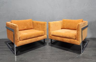 Milo Baughman Milo Baughman Large T Back Lounge Chairs in Orange Microfiber