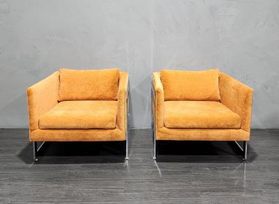 Milo Baughman Milo Baughman Large T Back Lounge Chairs in Orange Microfiber