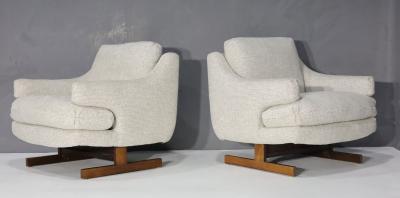 Milo Baughman Milo Baughman Lounge Chairs with T Leg Walnut Base and New Upholstery