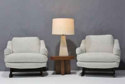 Milo Baughman Milo Baughman Lounge Chairs with T Leg Walnut Base and New Upholstery