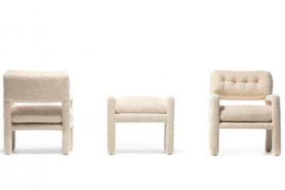 Milo Baughman Milo Baughman Parsons Style Ivory Boucl Chairs with en suite Ottoman c 1970s