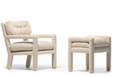 Milo Baughman Milo Baughman Parsons Style Ivory Boucl Chairs with en suite Ottoman c 1970s