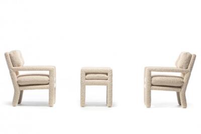 Milo Baughman Milo Baughman Parsons Style Ivory Boucl Chairs with en suite Ottoman c 1970s