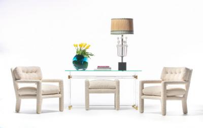 Milo Baughman Milo Baughman Parsons Style Ivory Boucl Chairs with en suite Ottoman c 1970s