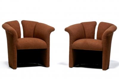 Milo Baughman Milo Baughman Plunging Open Back Lounge Chairs in Chocolate Brown Boucl c 1980