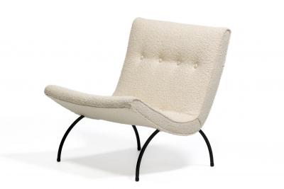 Milo Baughman Milo Baughman Scoop Chair in Soft Ivory Boucl with Iron Legs c 1950s