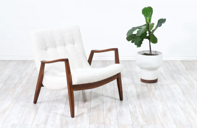Milo Baughman Milo Baughman Scoop Lounge Chair Walnut Boucle Wool for James Inc 