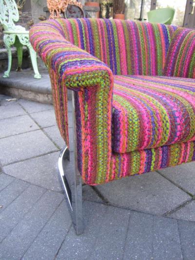 Milo Baughman Milo Baughman Style Chrome Flatbar Barrel Back Lounge Chair Mid Century