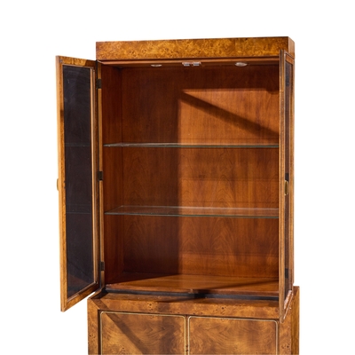 Milo Baughman Milo Baughman Style Mid Century Burlwood and Brass Credenza with Hutch