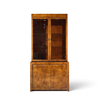 Milo Baughman Milo Baughman Style Mid Century Burlwood and Brass Credenza with Hutch