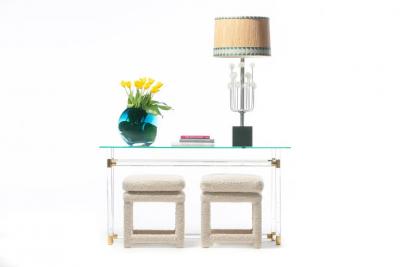 Milo Baughman Milo Baughman Style Pair of Parsons Ottomans Benches in Ivory Boucl 