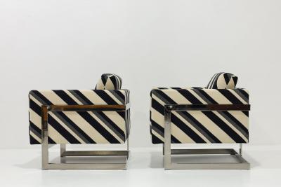 Milo Baughman Milo Baughman T Back Lounge Chairs in Kelly Wearstler Sereno Stripe Velvet