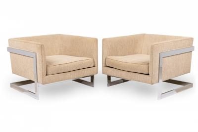 Milo Baughman Milo Baughman Thayer Coggin Beige Upholstery Chrome Floating Cube Armchairs