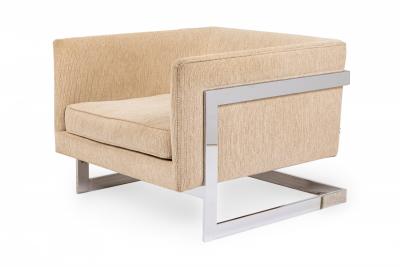 Milo Baughman Milo Baughman Thayer Coggin Beige Upholstery Chrome Floating Cube Armchairs