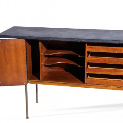 Milo Baughman Milo Baughman for Directional Walnut Slate and Brass Console Credenza