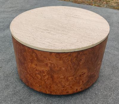 Milo Baughman Milo Baughman for Thayer Coggin Ash Burl Travertine Drum Coffee Table