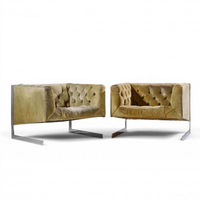 Milo Baughman Milo Baughman for Thayer Coggin Cantilever Steel Tufted Lounge Chairs Pair