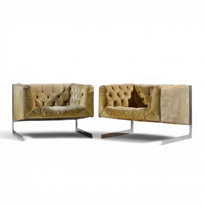 Milo Baughman Milo Baughman for Thayer Coggin Cantilever Steel Tufted Lounge Chairs Pair