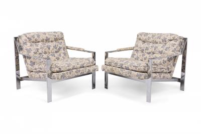Milo Baughman Milo Baughman for Thayer Coggin Chrome and Floral Fabric Flat Bar Armchairs