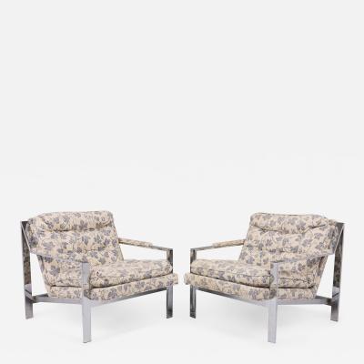 Milo Baughman Milo Baughman for Thayer Coggin Chrome and Floral Fabric Flat Bar Armchairs