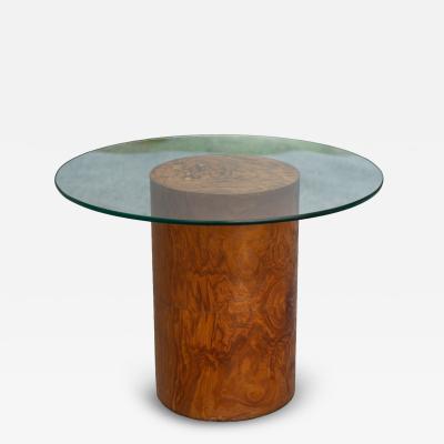 Milo Baughman Milo Baughman for Thayer Coggin Drum Form Burl Wood Side Table with Glass Top