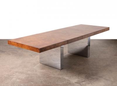 Milo Baughman Milo Baughman for Thayer Coggin Olive Burlwood Chrome Dining Table w 2 Leaves