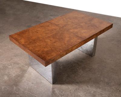 Milo Baughman Milo Baughman for Thayer Coggin Olive Burlwood Chrome Dining Table w 2 Leaves