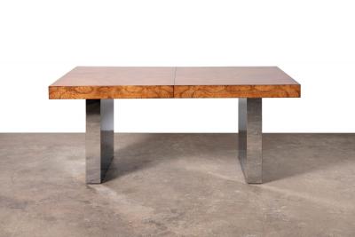 Milo Baughman Milo Baughman for Thayer Coggin Olive Burlwood Chrome Dining Table w 2 Leaves