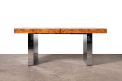 Milo Baughman Milo Baughman for Thayer Coggin Olive Burlwood Chrome Dining Table w 2 Leaves