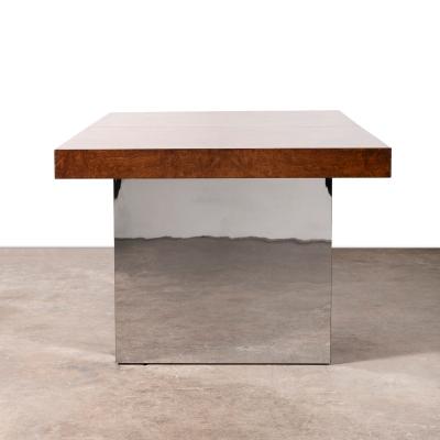 Milo Baughman Milo Baughman for Thayer Coggin Olive Burlwood Chrome Dining Table w 2 Leaves