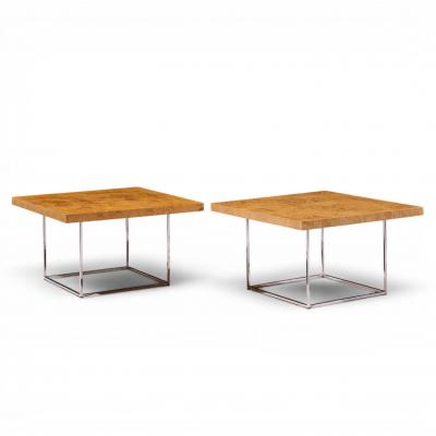 Milo Baughman Milo Baughman for Thayer Coggin Style Burlwood and Chrome Side Tables Pair