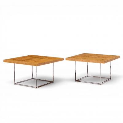 Milo Baughman Milo Baughman for Thayer Coggin Style Burlwood and Chrome Side Tables Pair