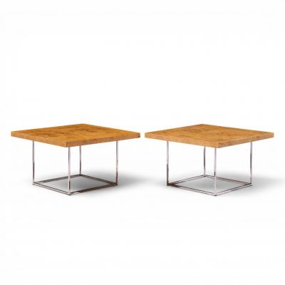 Milo Baughman Milo Baughman for Thayer Coggin Style Burlwood and Chrome Side Tables Pair