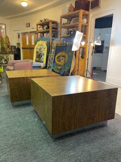 Milo Baughman NEAR PAIR OFMODERN BURLWOOD LAMINATE AND CHROME TABLES