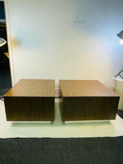 Milo Baughman NEAR PAIR OFMODERN BURLWOOD LAMINATE AND CHROME TABLES