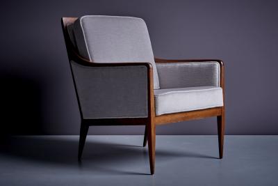 Milo Baughman Newly upholstered Pair of Light Gray Milo Baughman Lounge or Arm Chairs 1950s