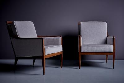 Milo Baughman Newly upholstered Pair of Light Gray Milo Baughman Lounge or Arm Chairs 1950s
