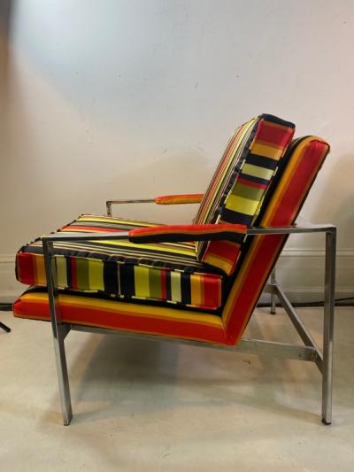 Milo Baughman PAIR OF MILO BAUGHMAN CHAIRS IN HIGH END STRPIED FABRIC