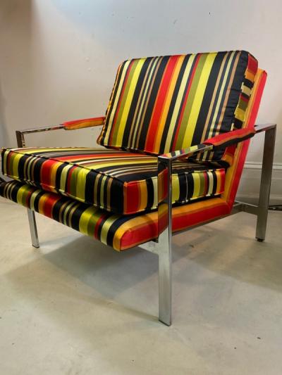 Milo Baughman PAIR OF MILO BAUGHMAN CHAIRS IN HIGH END STRPIED FABRIC